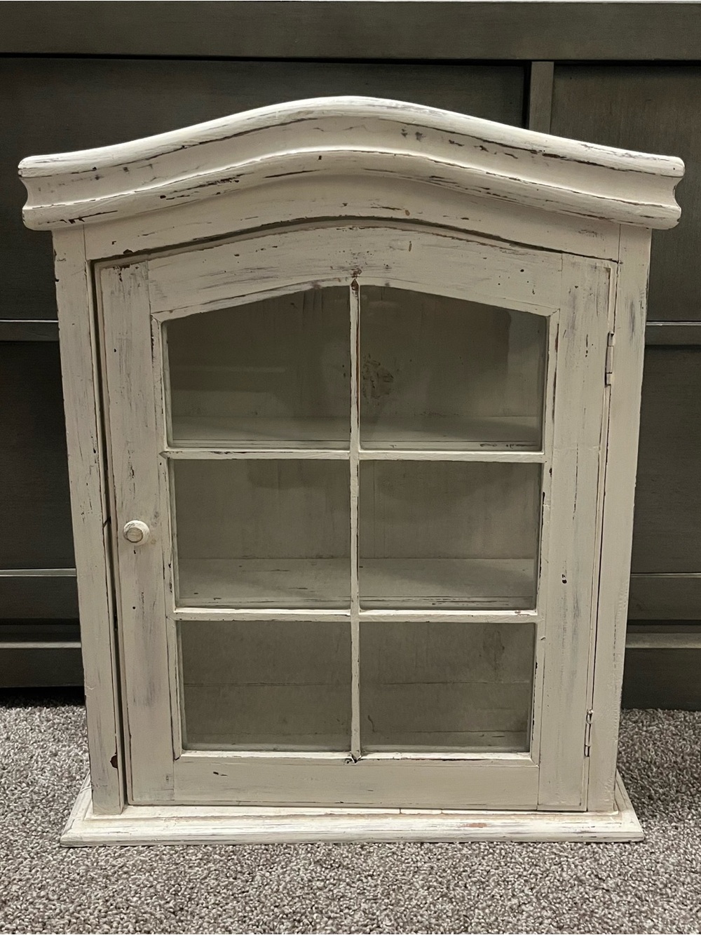 Farmhouse Distressed White Wood Wall Mounted Cabinet/Curio Glass Door, 2 Shelves